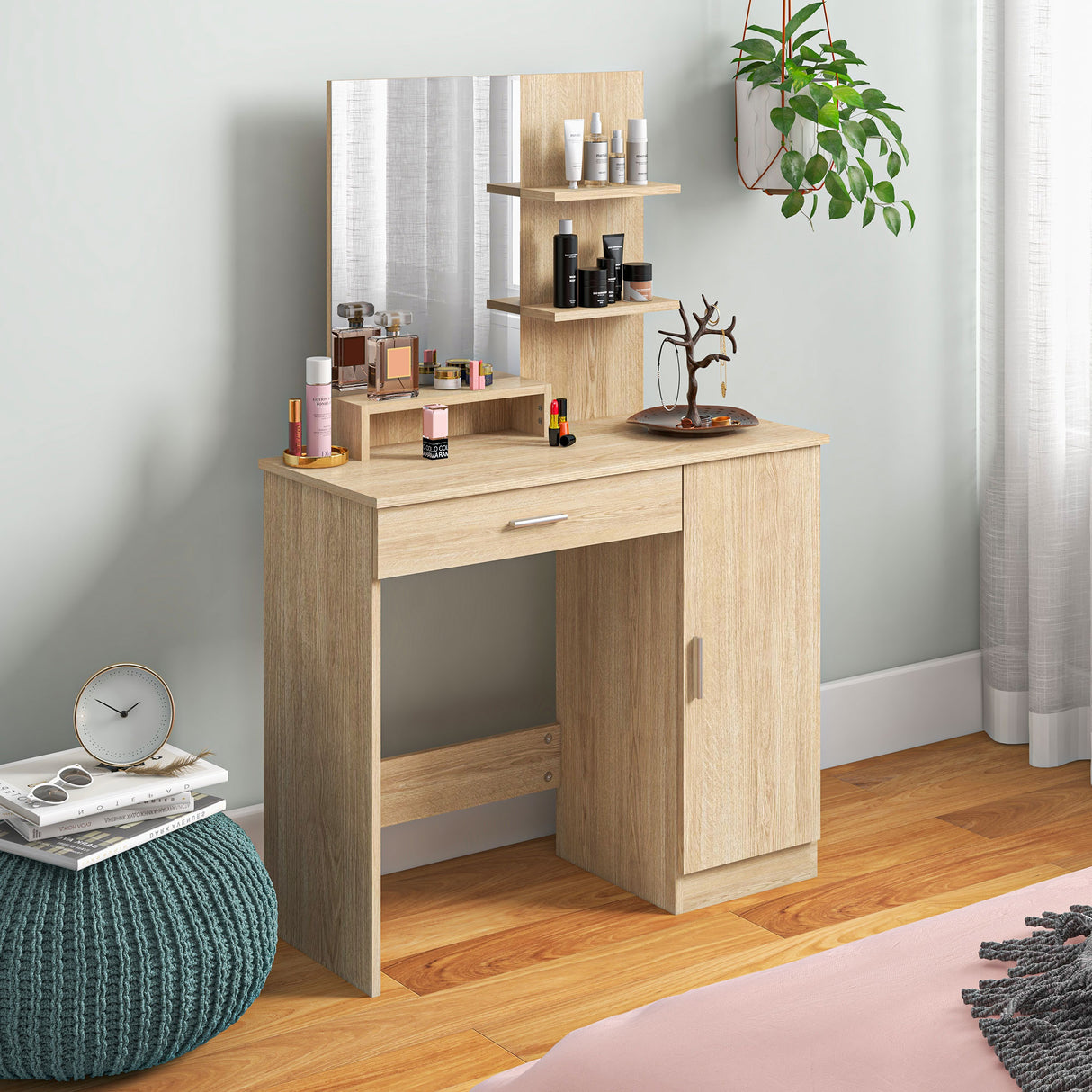 easycomfort easycomfort tavolo per trucco in truciolato con mobiletto cassetto ripiani aperti e specchio 90x38x138 cm