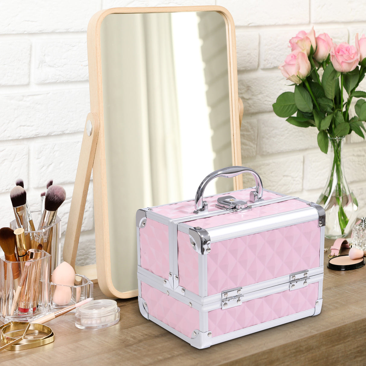 easycomfort easycomfort valigetta porta trucchi con profili in alluminio maniglia e vassoio cantilever 20x15x15cm rosa