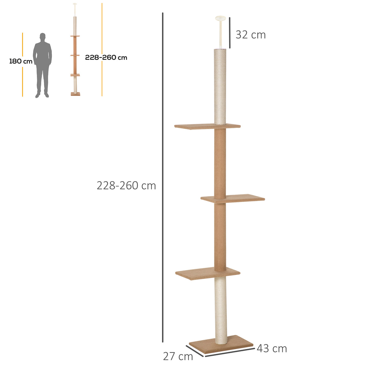 easycomfort easycomfort albero tiragraffi per gatti a 4 livelli con altezza regolabile marrone 43x27x228 260cm