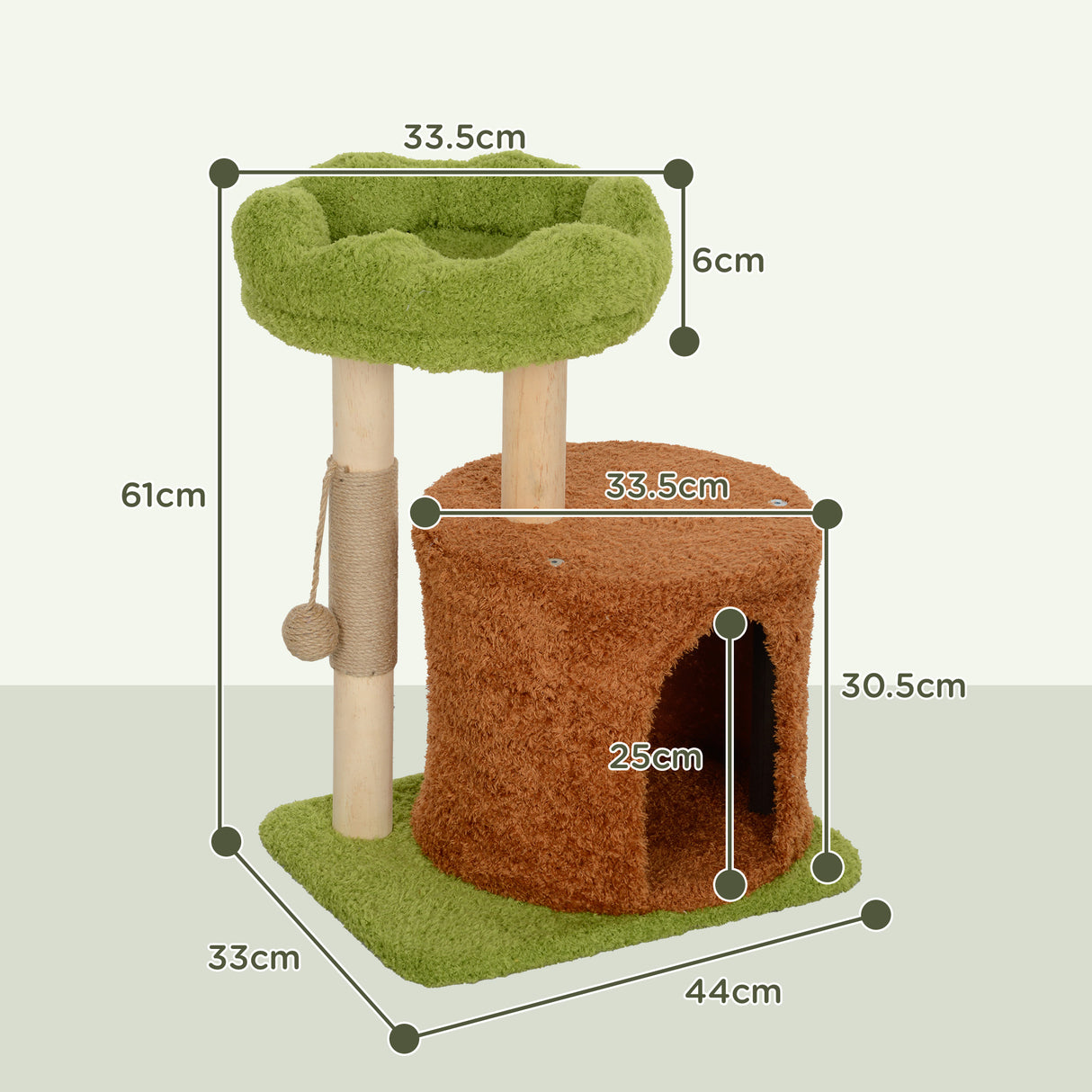 easycomfort easycomfort albero tiragraffi per gatti con casetta lettino e pallina giocattolo in legno e peluche 44x33x61 cm verde