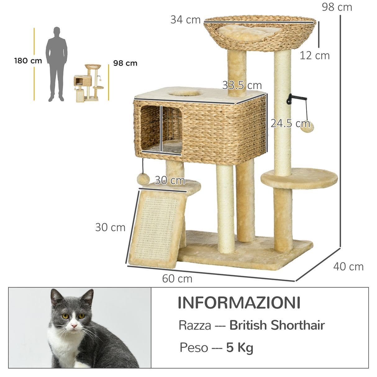 easycomfort easycomfort albero tiragraffi per gatti con casetta trespolo e pallina in legno e poliestere 60x40x98 cm marrone e beige