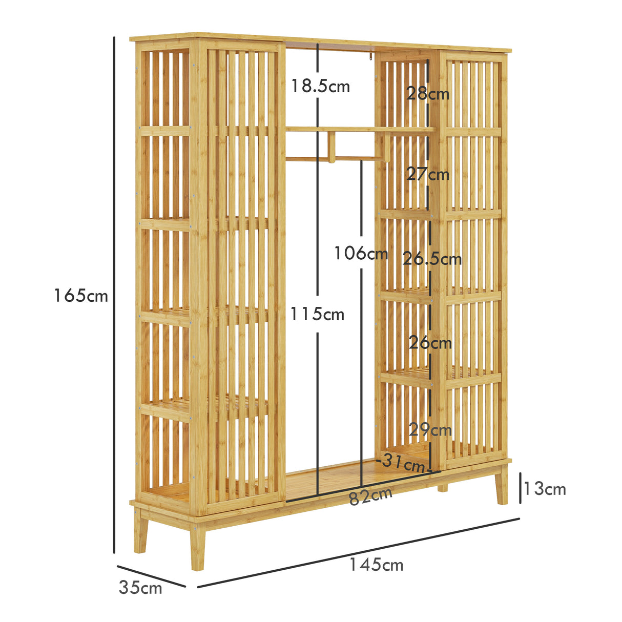 easycomfort easycomfort armadio aperto in bambu con 2 ante scorrevoli ripiani aperti e barra appendiabiti 145x35x165cm