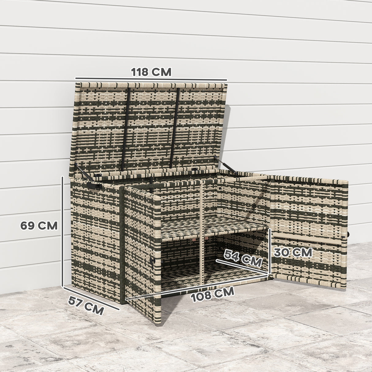 easycomfort easycomfort baule da esterno da 350l a 2 livelli con pistoni a gas rattan pe e acciaio 118x57x69 cm grigio