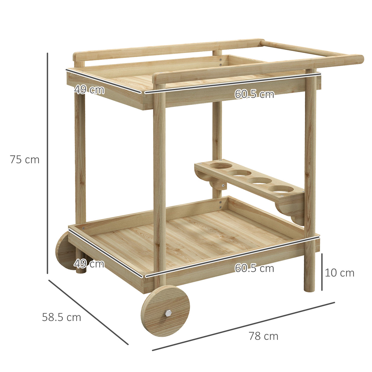 easycomfort easycomfort carrello da giardino a 2 ripiani e 4 spazi portabottiglie in legno di abete 78x58 5x75 cm