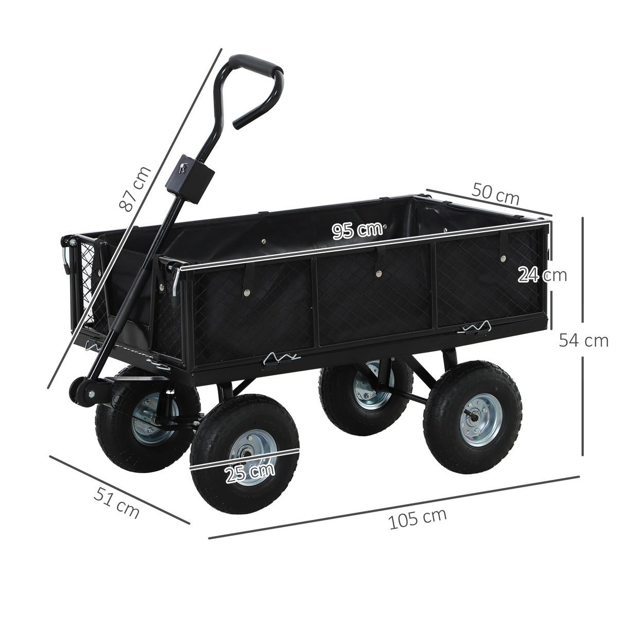 easycomfort easycomfort carrello da giardino in acciaio da 114l con sacca portaoggetti e pareti rimovibili 105x51x54 cm nero