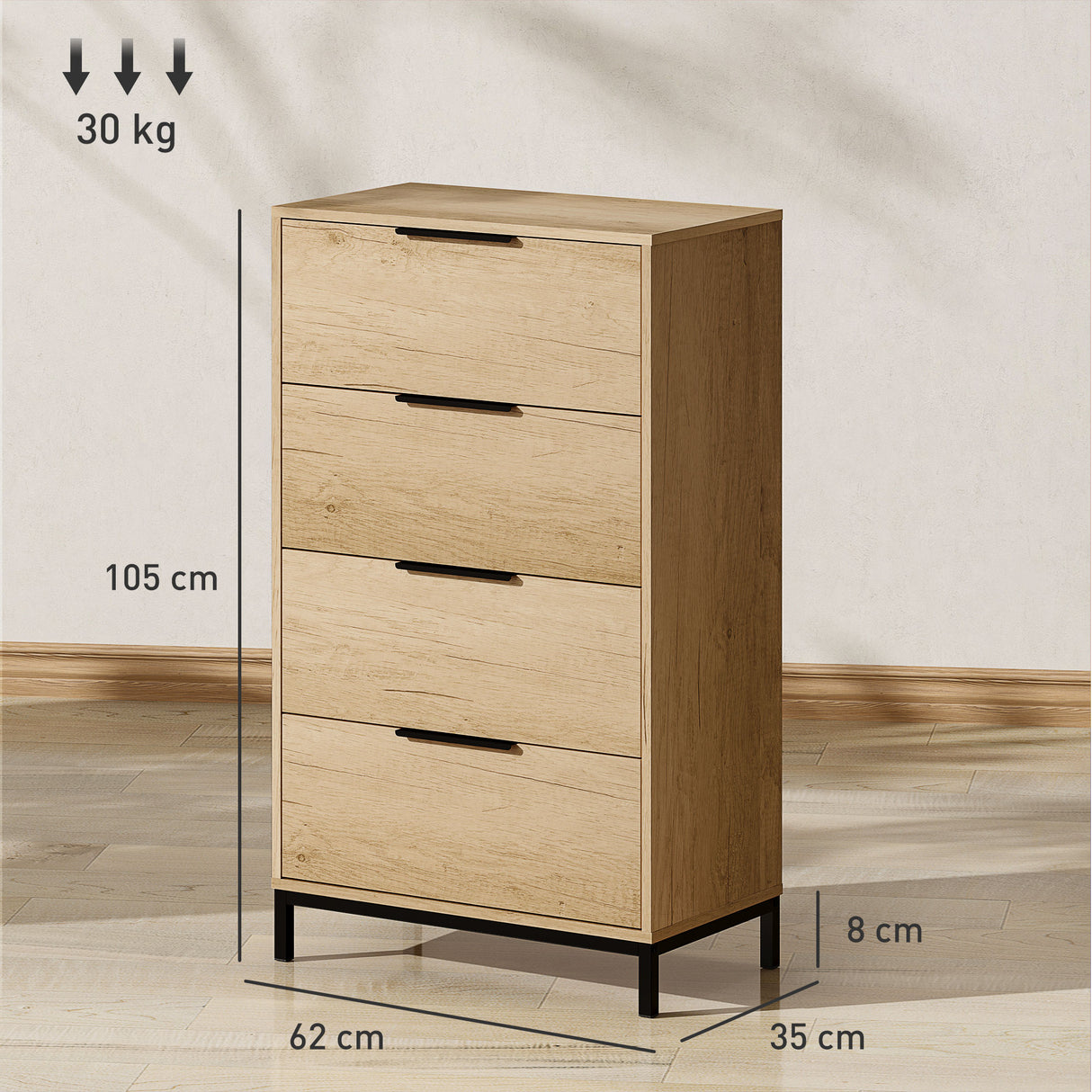 easycomfort easycomfort cassettiera 4 cassetti antiribaltamento con maniglie nere in legno e metallo 62x35x105 cm marrone chiaro