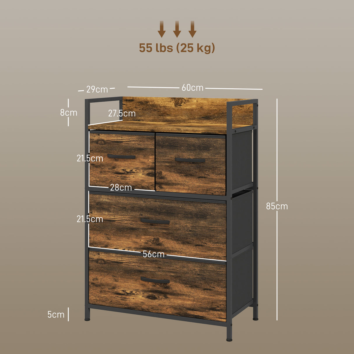 easycomfort easycomfort cassettiera 4 cassetti rimovibili dal design industriale in legno e acciaio 60x29x85 cm marrone e nero