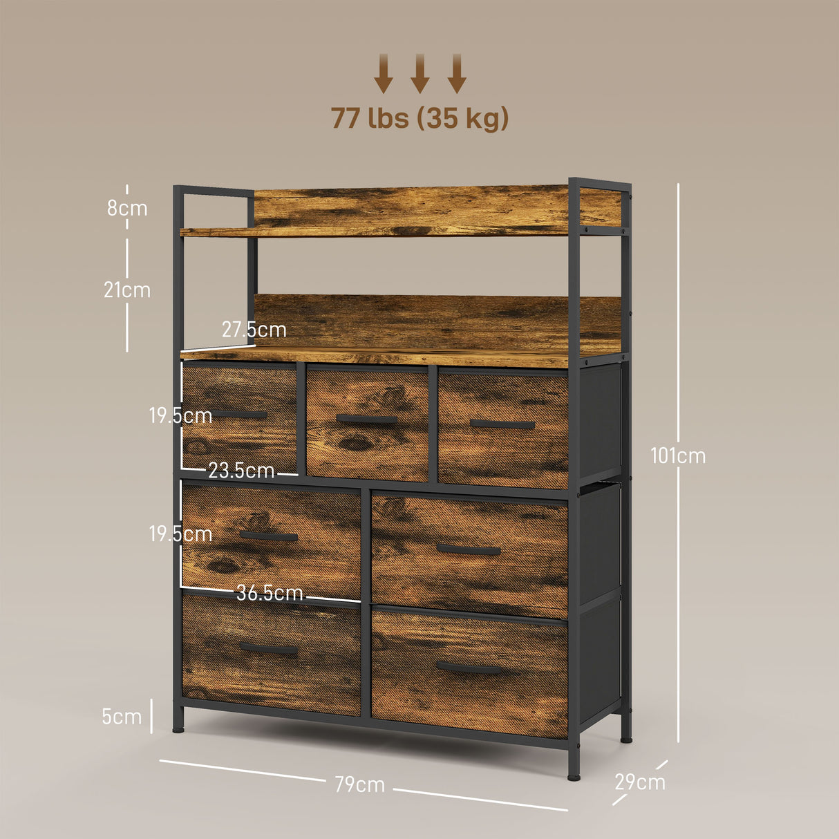easycomfort easycomfort cassettiera 7 cassetti rimovibili con 2 ripiani industriale in legno e acciaio 79x29x101 cm marrone e nero