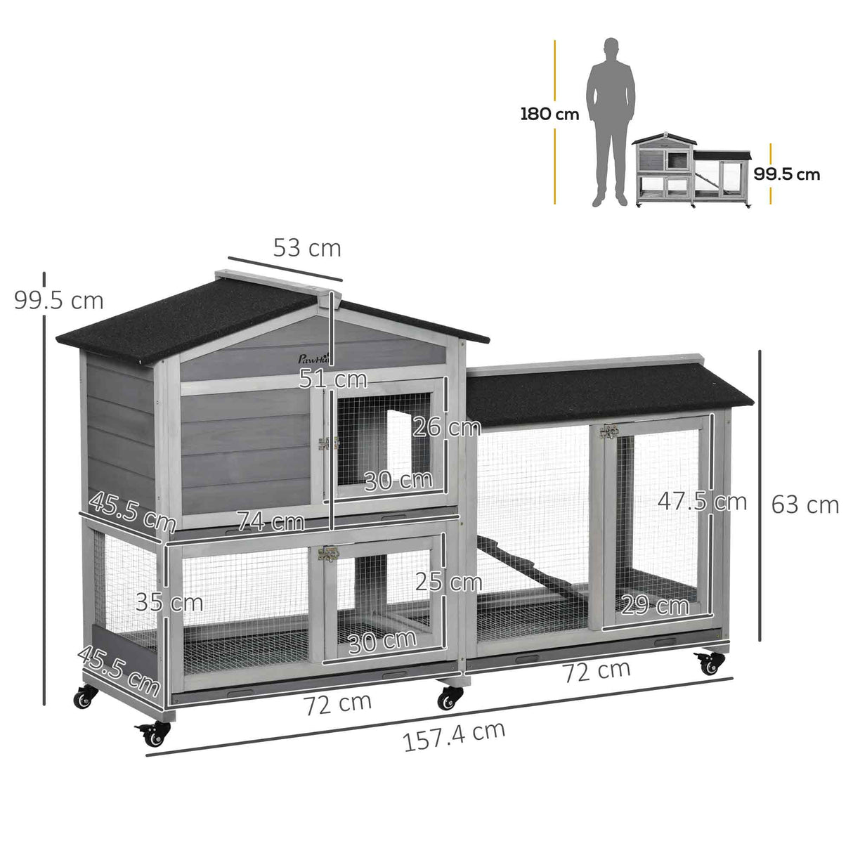easycomfort easycomfort conigliera a 2 livelli con rete protettiva e rotelle in legno e metallo 157 4x53x99 5 cm grigio