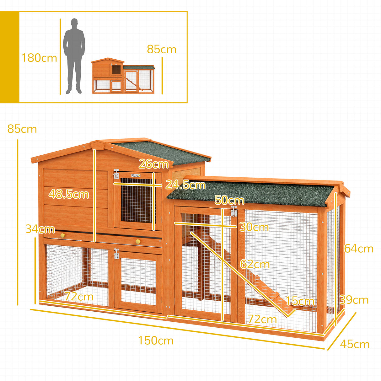 easycomfort easycomfort conigliera a 2 piani da esterno in legno di abete e filo di metallo 150x45x85 cm arancione