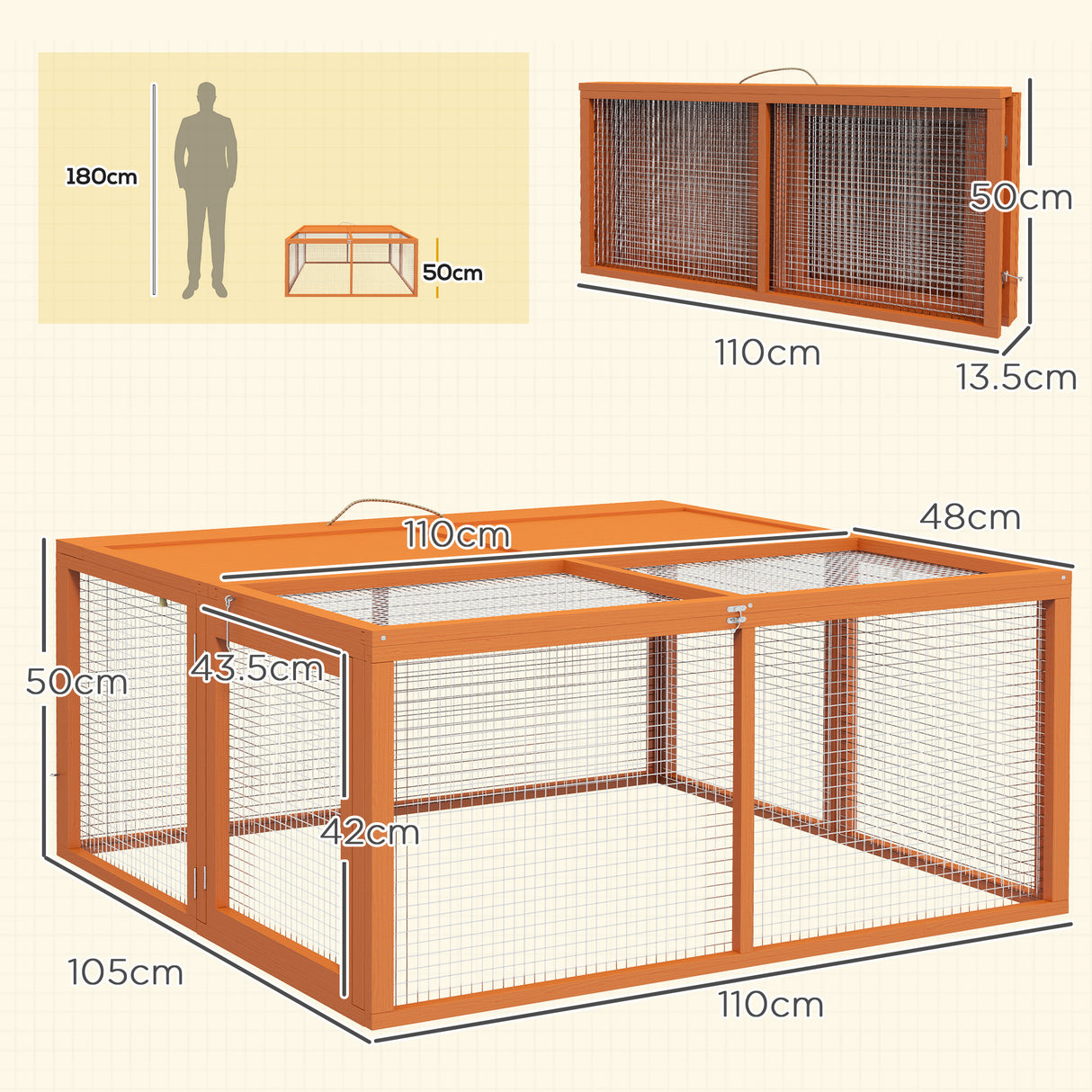 easycomfort easycomfort conigliera da esterno pieghevole per 2 3 roditori con ingressi multipli in legno e acciaio 110x105x50 cm arancione