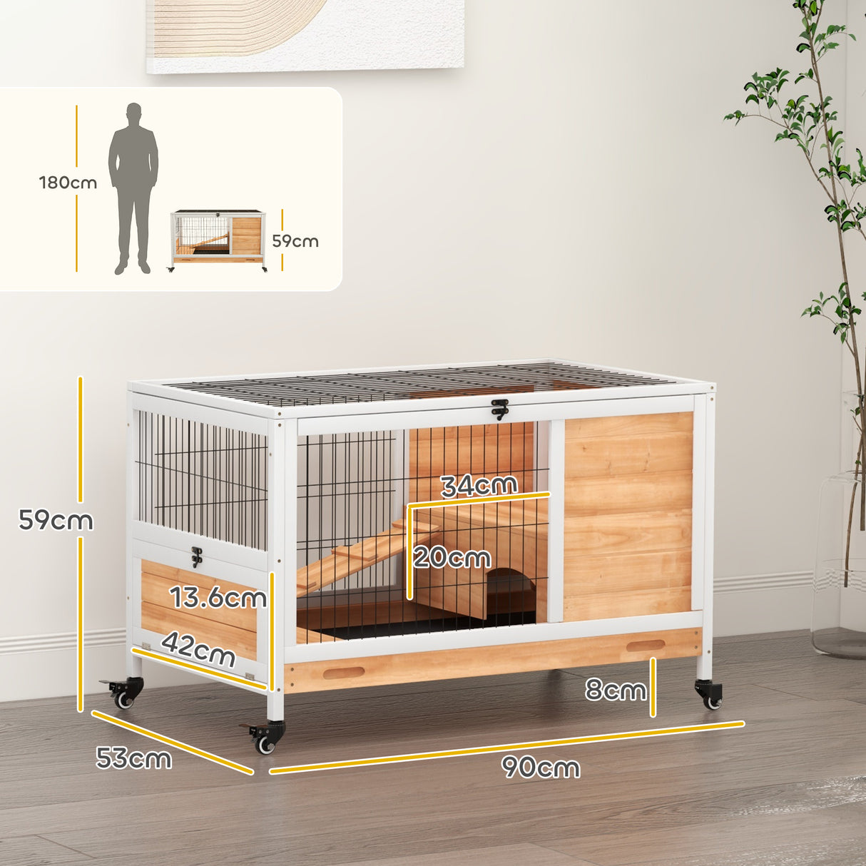 easycomfort easycomfort conigliera in legno con 4 ruote casetta per conigli e rampa 90x53x59cm giallo