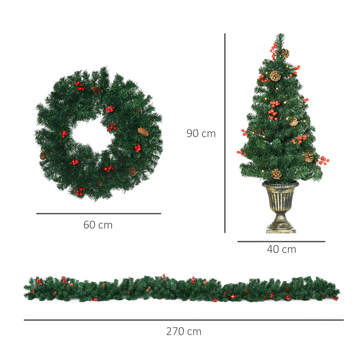 easycomfort easycomfort decorazioni natalizie set 4 pezzi con 2 alberelli di natale 40x90 cm ghirlanda natalizia e corona di natale