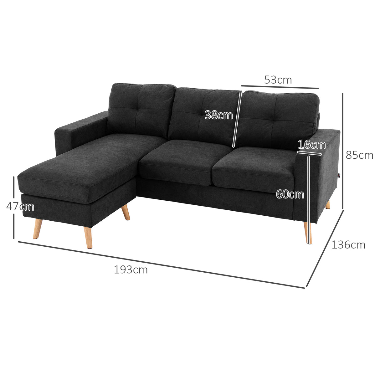 easycomfort easycomfort divano 3 posti ad angolo con penisola reversibile e cuscini in tessuto effetto lino 193x136x85 cm nero