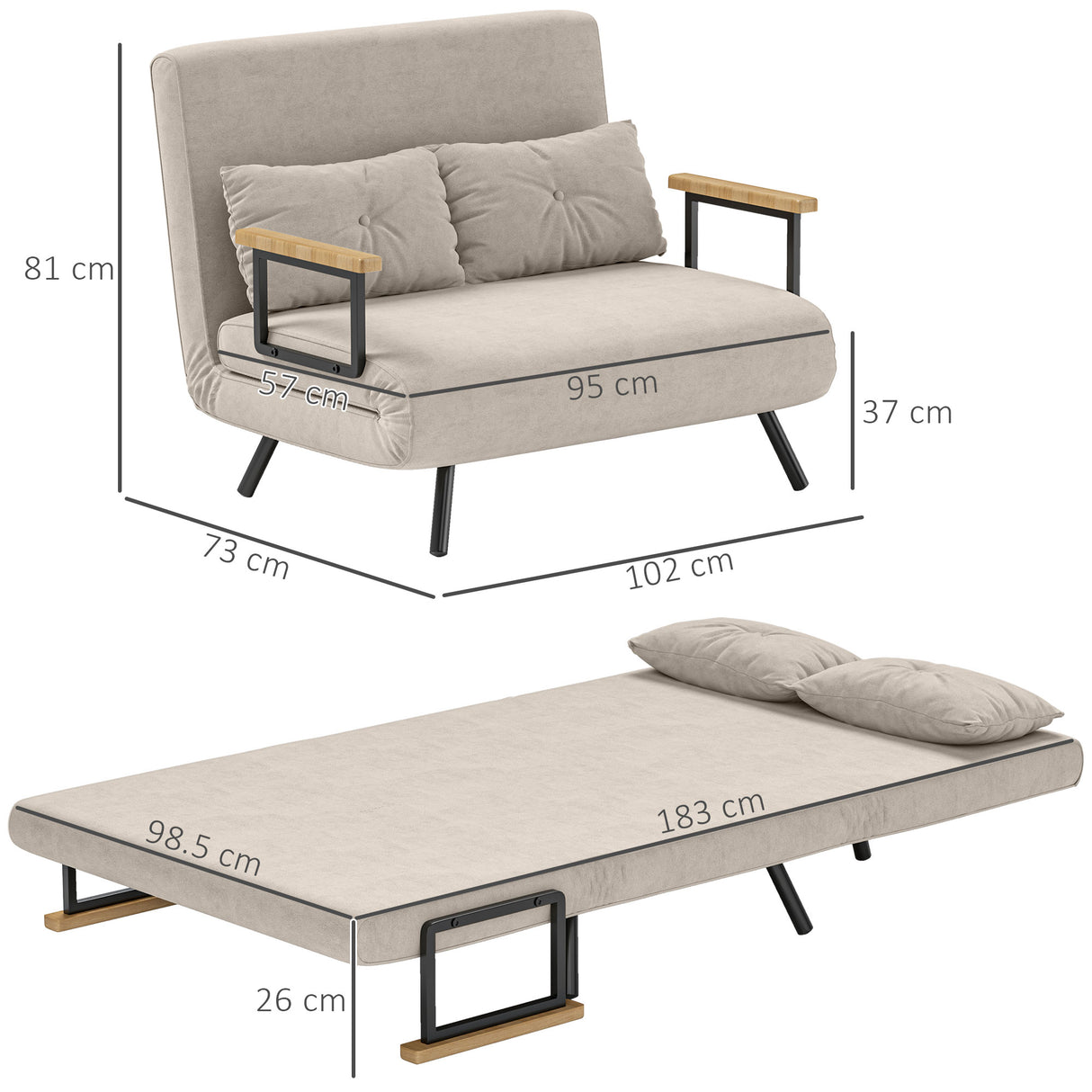 easycomfort easycomfort divano letto 3 in 1 in tessuto effetto velluto con schienale regolabile e 2 cuscini 102x73x81 cm bianco crema