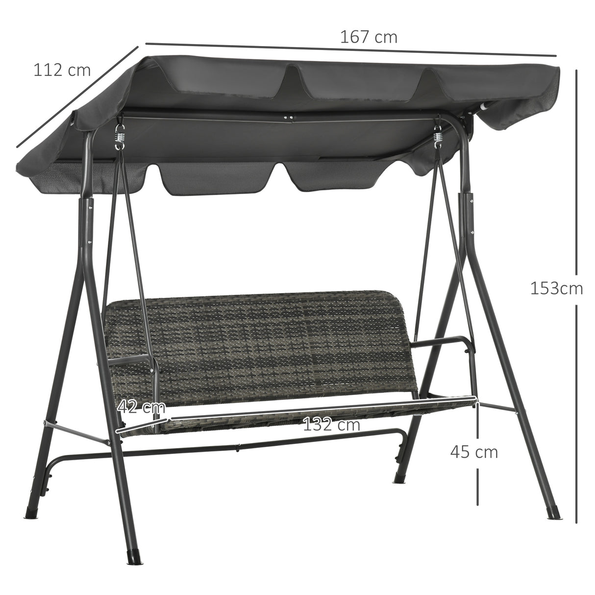 easycomfort easycomfort dondolo da giardino 3 posti con tettuccio regolabile in rattan pe 167x112x153cm grigio scuro
