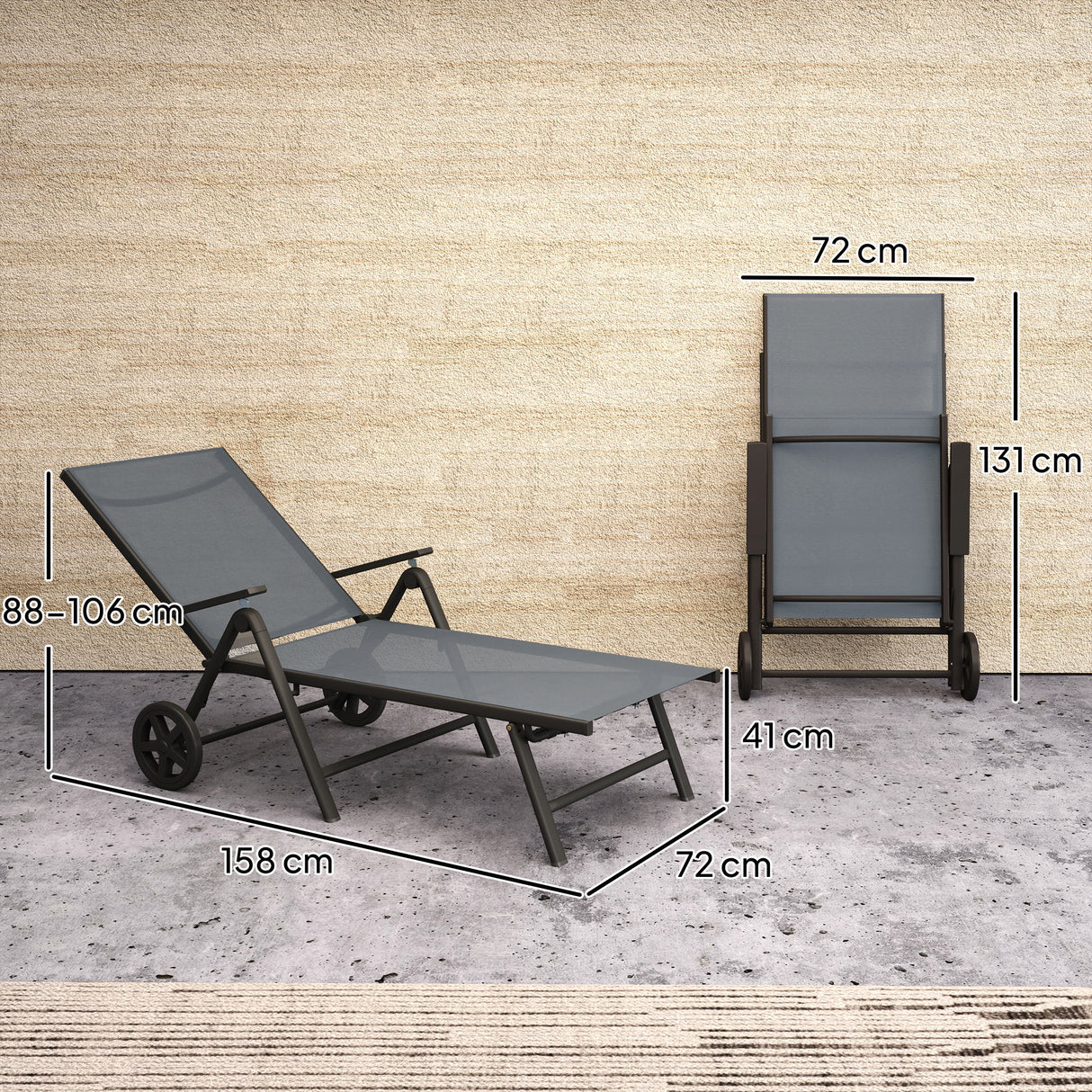 easycomfort easycomfort lettino sdraio pieghevole e reclinabile in 5 posizioni con rotelle in metallo e textilene 72x158x84 cm grigio