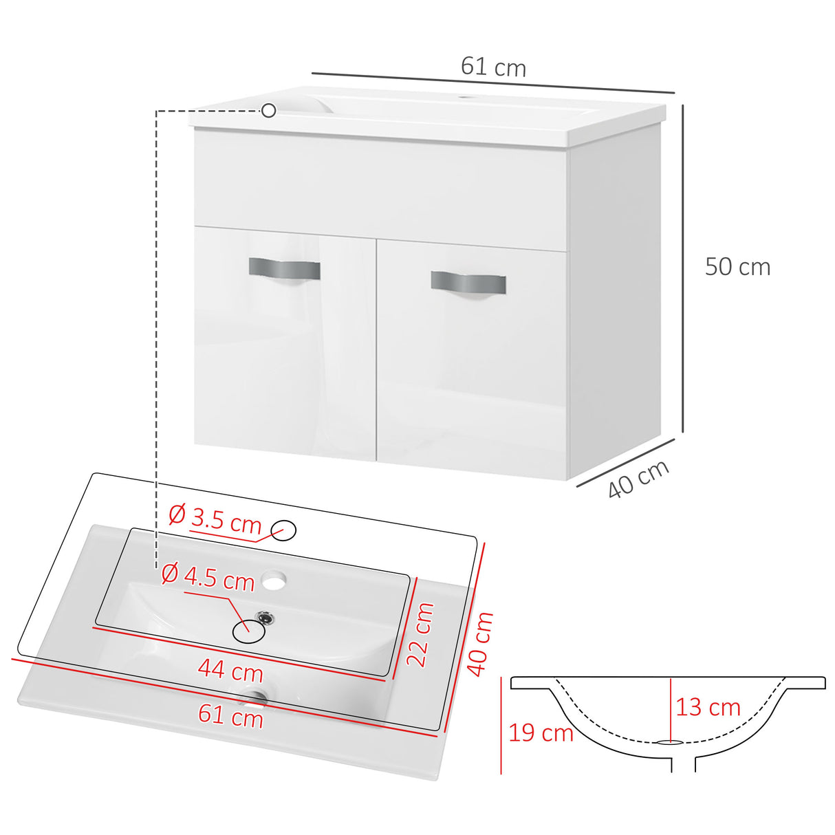 easycomfort easycomfort mobile bagno sospeso con lavabo armadietto a 2 ante con cerniere ammortizzate 61x40x50cm bianco lucido