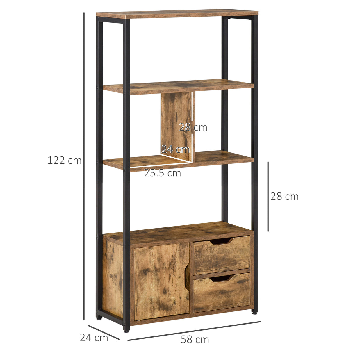 easycomfort easycomfort mobile libreria con 3 ripiani armadietto e 2 cassetti in truciolato e metallo 58x24x122 cm