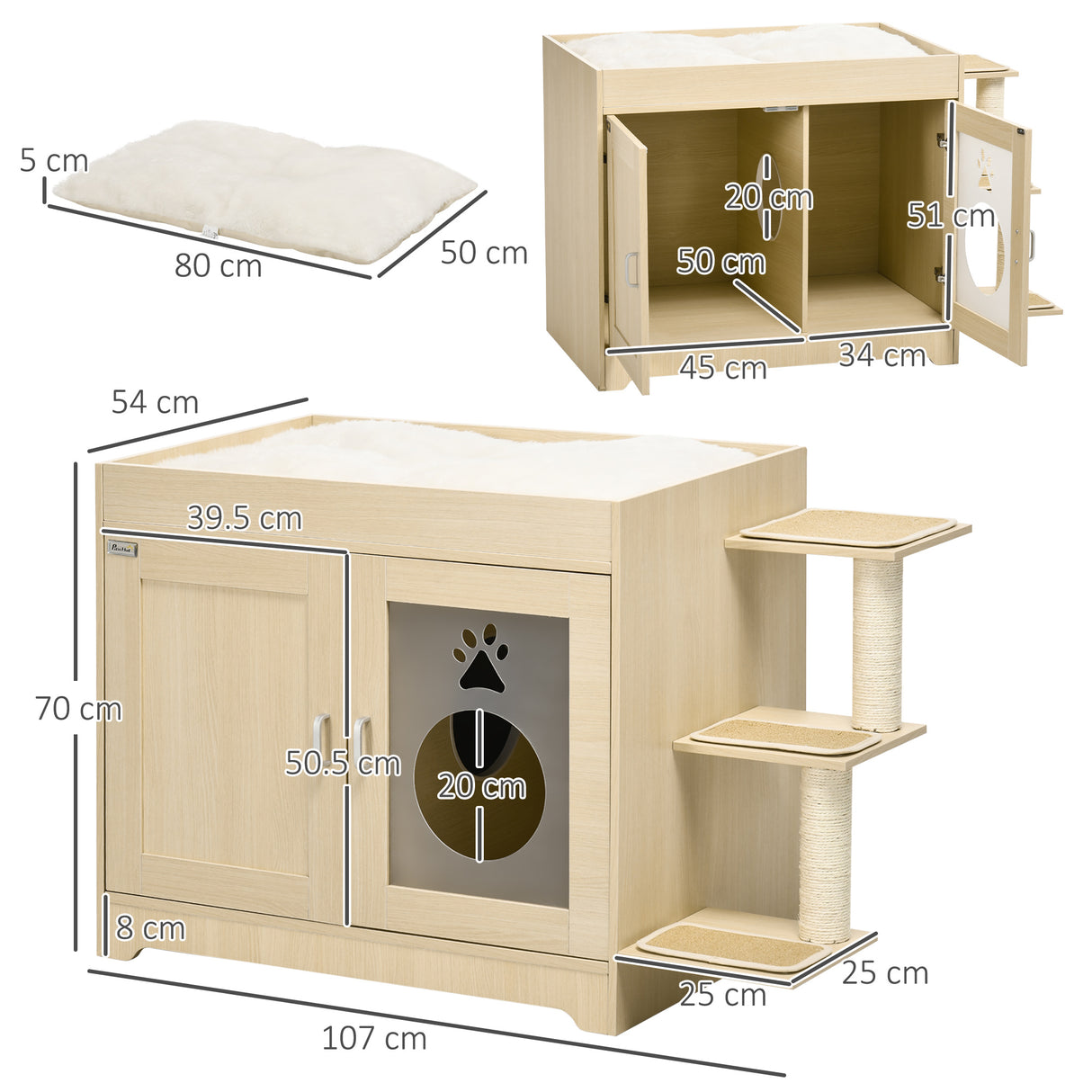 easycomfort easycomfort mobile per lettiera casetta per gatti con spazio portaoggetti e pali tiragraffi in legno 107x54x70 cm