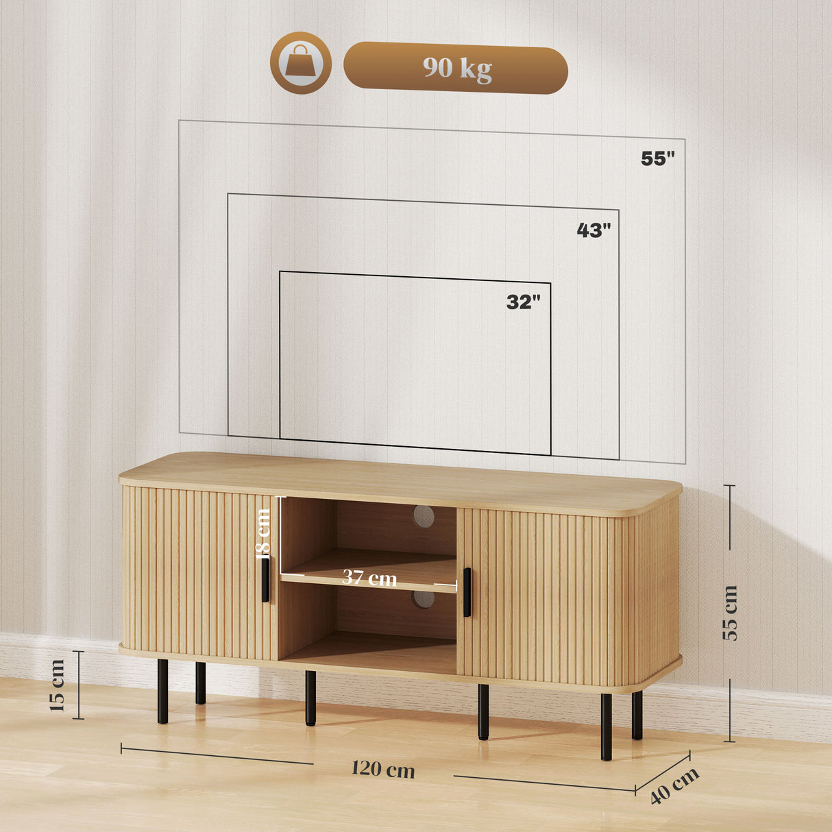 easycomfort easycomfort mobile tv 55 con 2 armadietti e 2 ripiani in legno e acciaio 120x40x55 cm nero e rovere