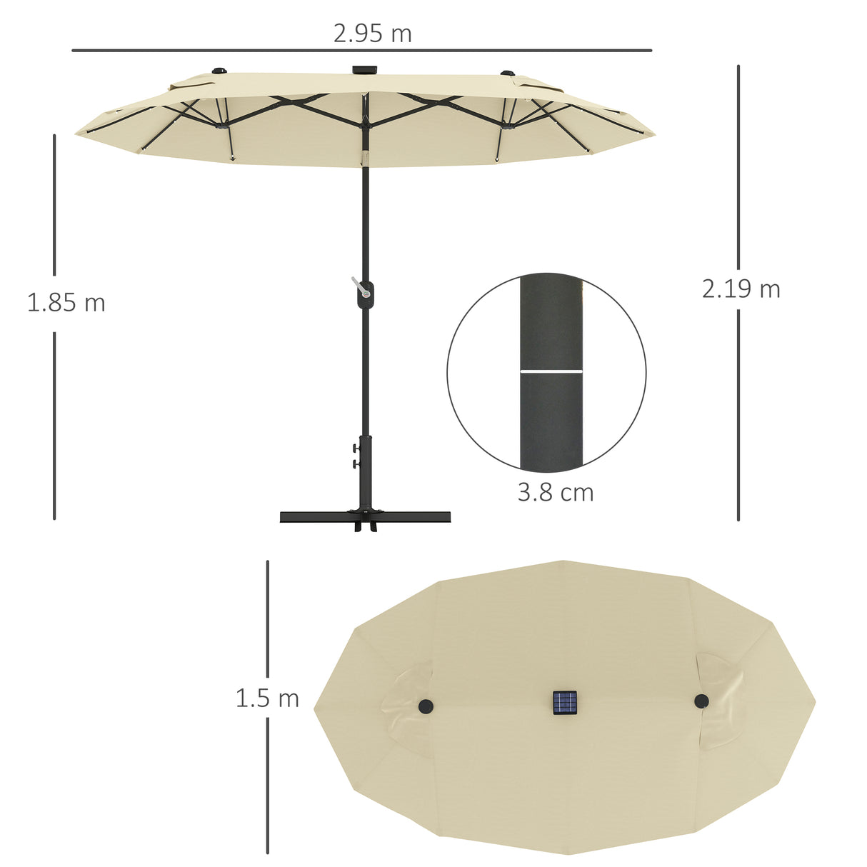 easycomfort easycomfort ombrellone doppio con luci led e base a croce in poliestere e acciaio 295x150x219 cm bianco crema
