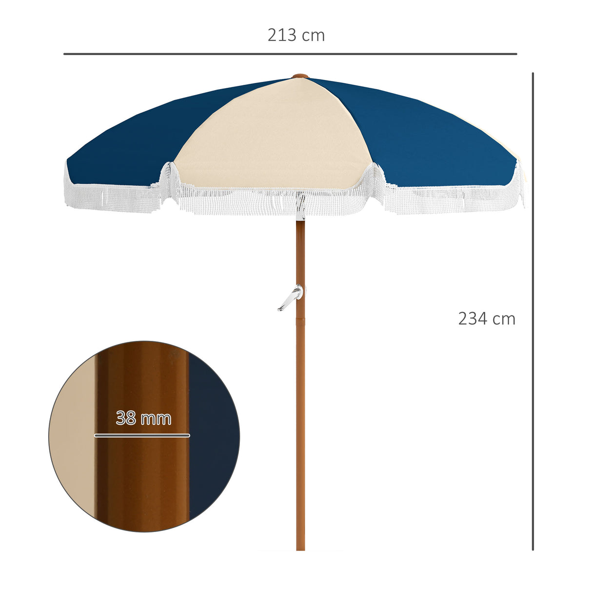 easycomfort easycomfort ombrellone rotondo e inclinabile a 8 stecche con manovella in poliestere e acciaio 213x234 cm blu e beige