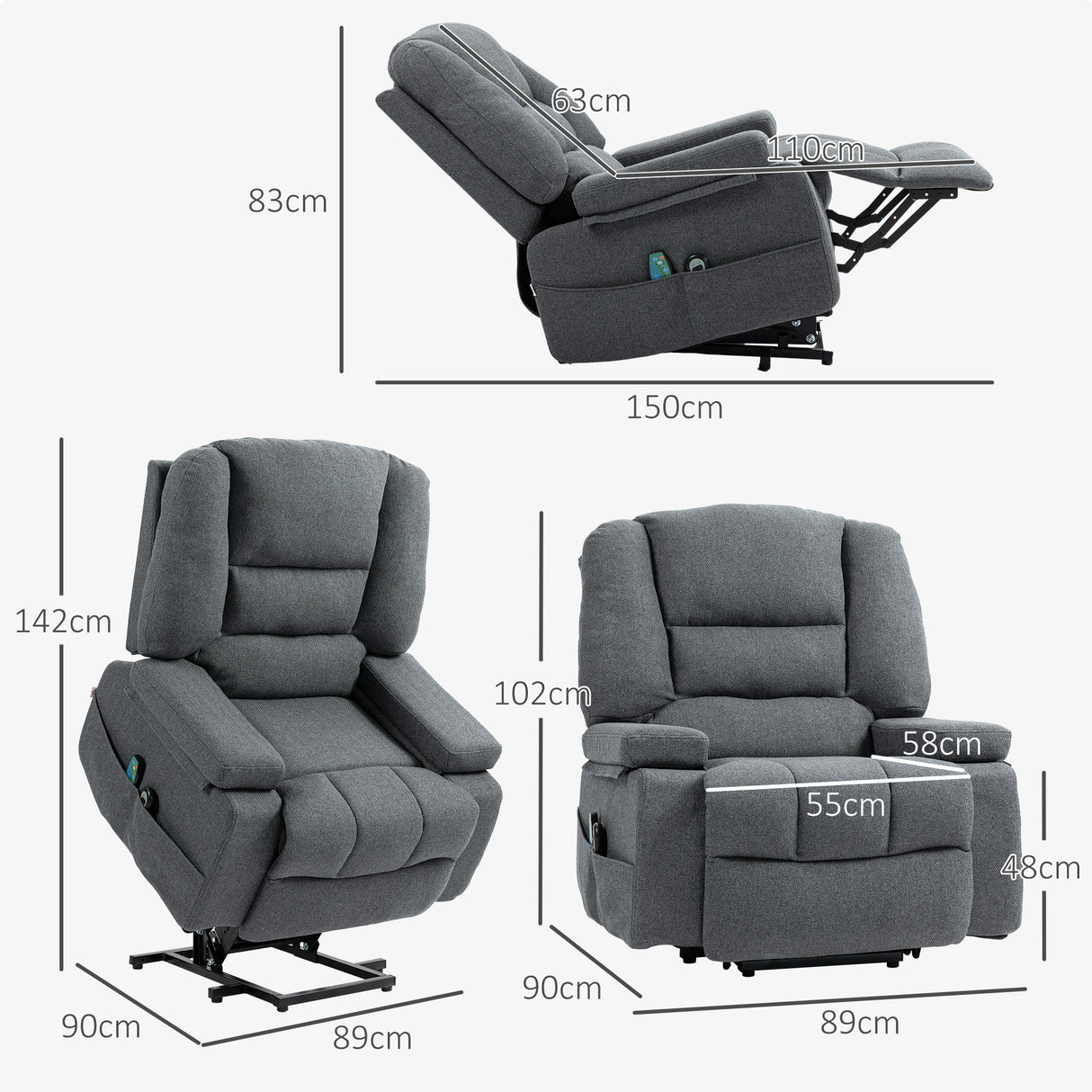 easycomfort easycomfort poltrona alzapersona reclinabile con 8 punti massaggianti in tessuto effetto lino 97x90x102 cm grigio