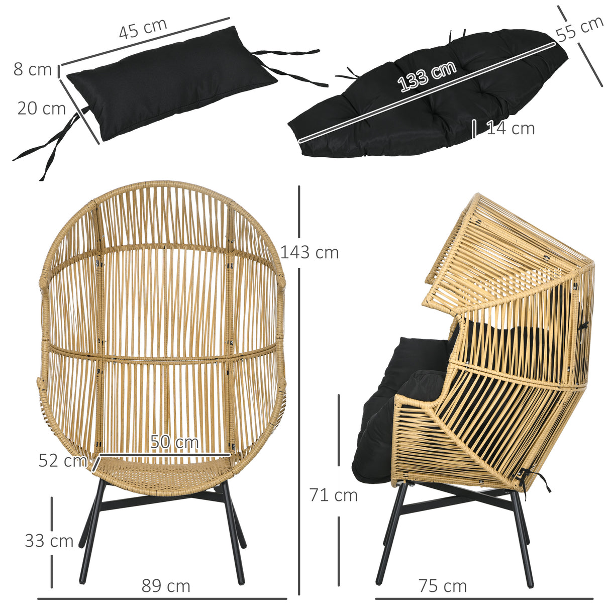 easycomfort easycomfort poltrona da giardino a uovo con poggiatesta e cuscini per seduta in rattan e acciaio 89x75x143 cm