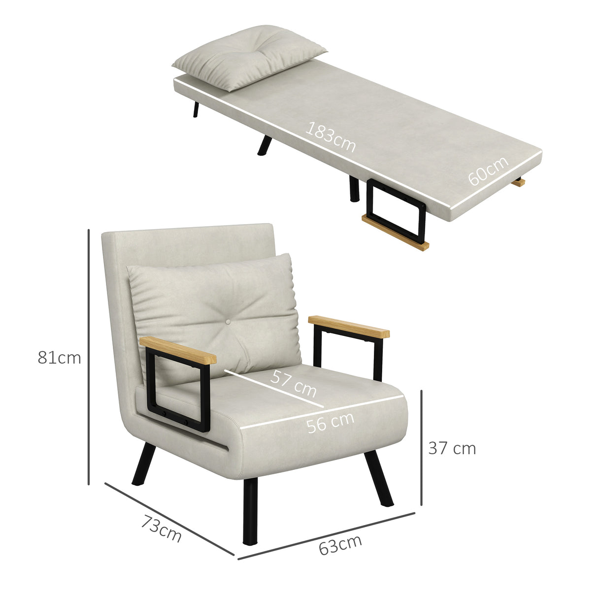 easycomfort easycomfort poltrona letto 3 in 1 con schienale reclinabile e cuscino in tessuto effetto velluto 63x73x81 cm crema