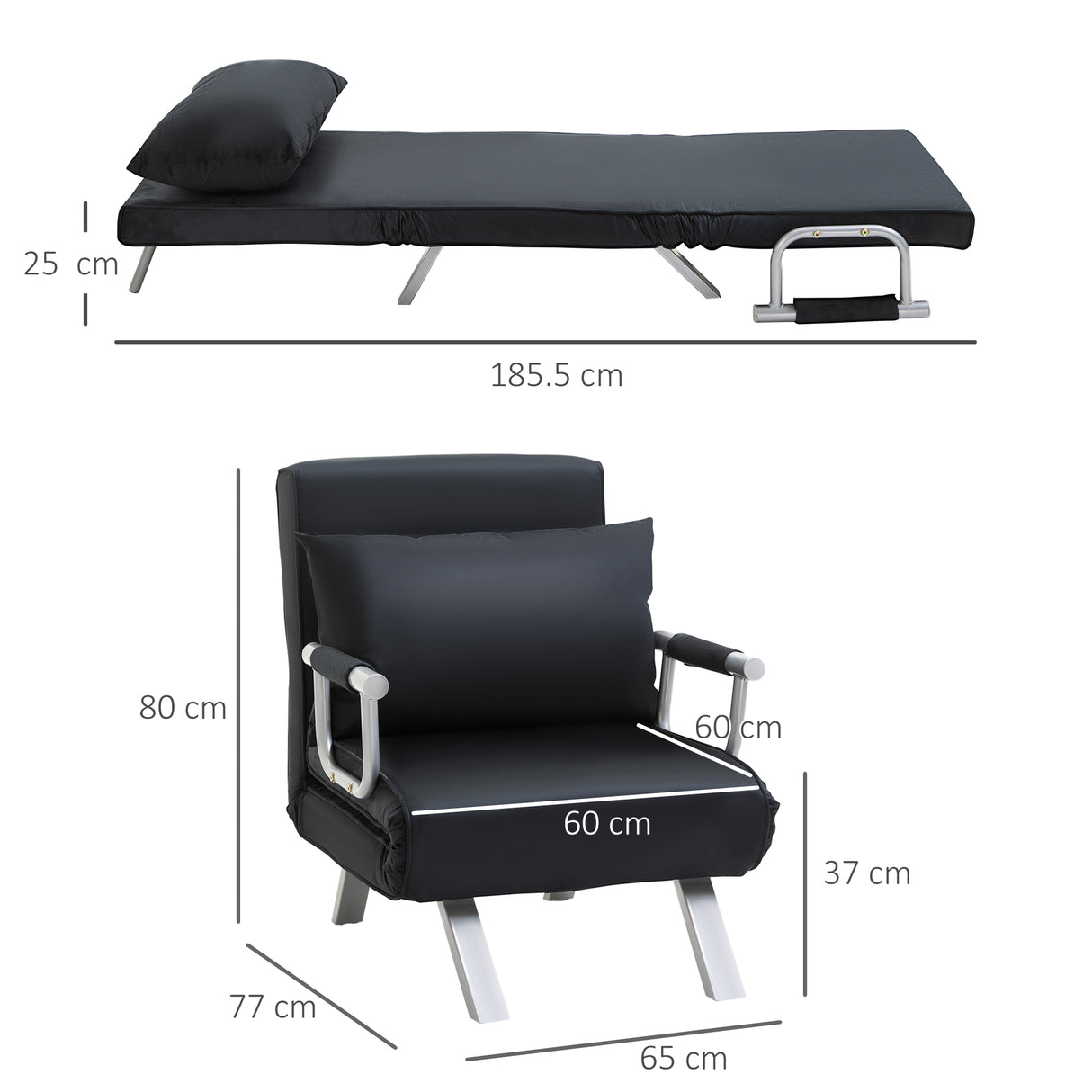 easycomfort easycomfort poltrona letto moderna 2 in 1 con schienale reclinabile su 5 posizioni e cuscino 65x69x80 cm nero