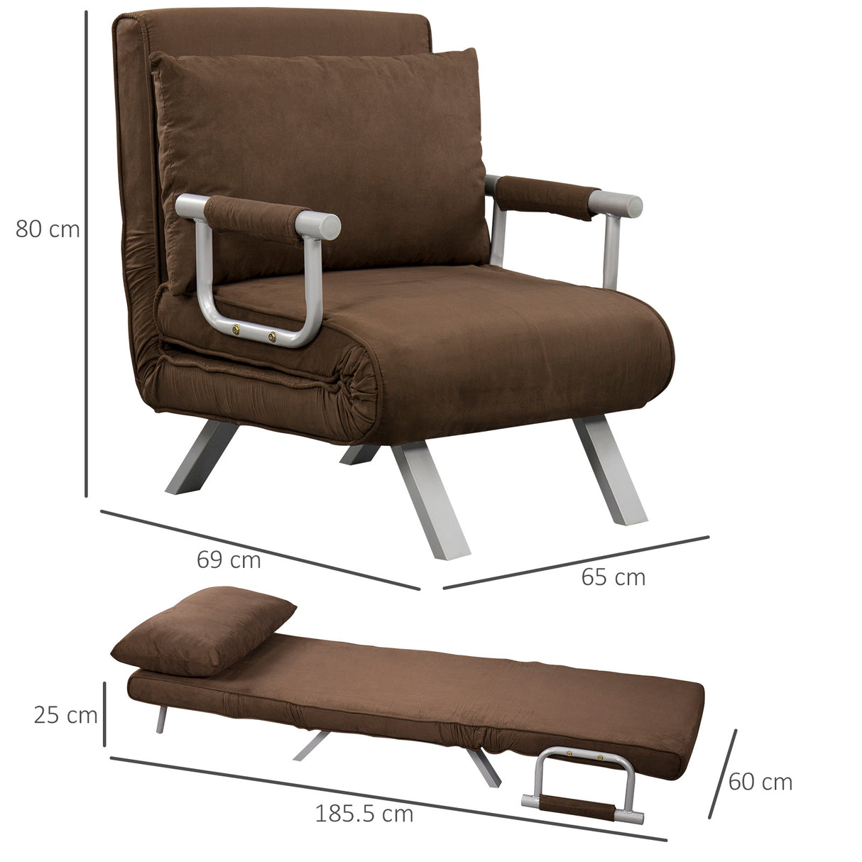 easycomfort easycomfort poltrona letto moderna 2 in 1 con schienale reclinabile su 5 posizioni e cuscino 65x69x80cm marrone