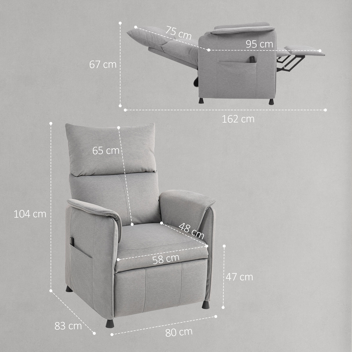 easycomfort easycomfort poltrona reclinabile elettrica con telecomando e poggiapiedi in tessuto effetto velluto 80x83x104 cm grigio