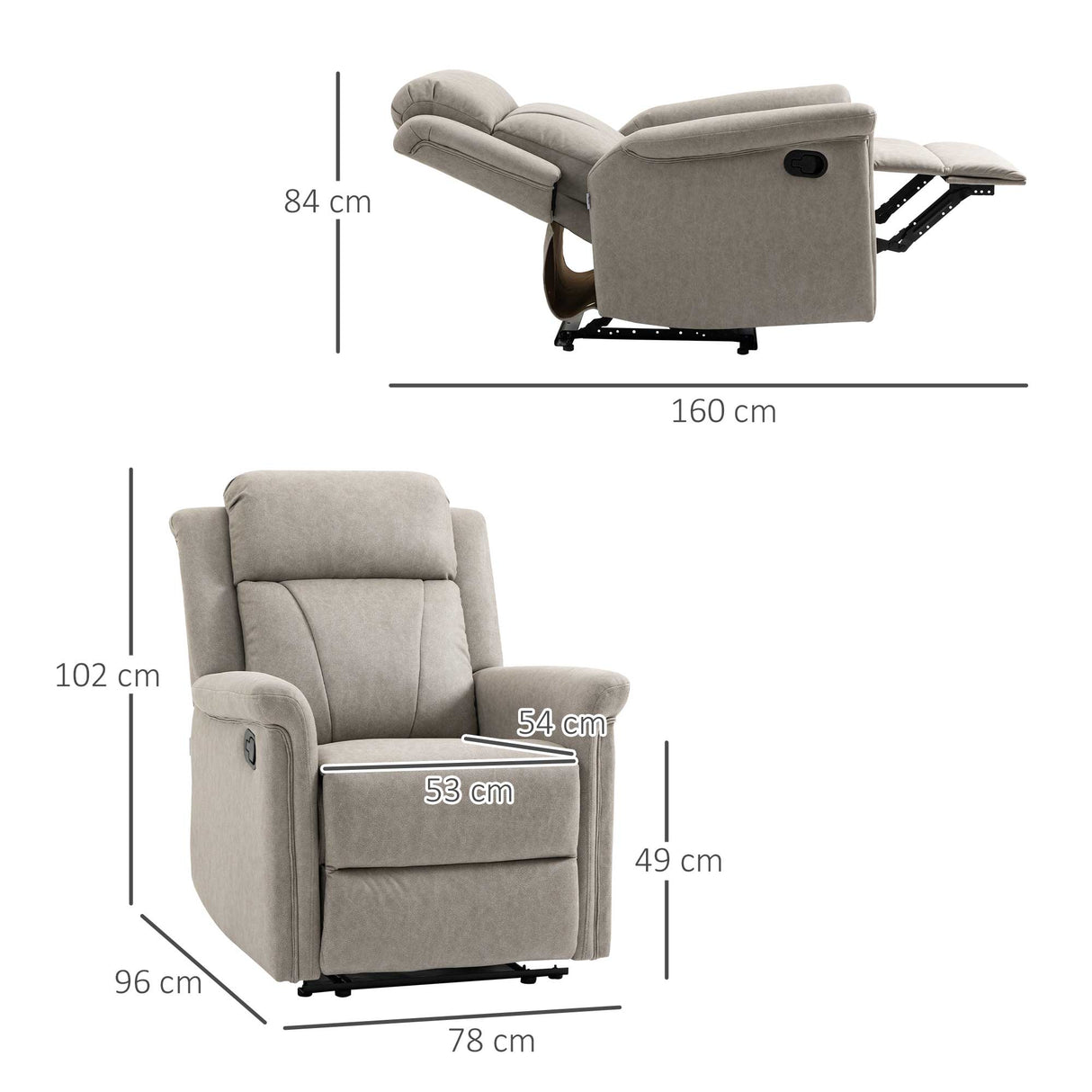 easycomfort easycomfort poltrona reclinabile manualmente 135 con poggiapiedi poggiatesta e braccioli imbottiti 78x96x102 cm grigio