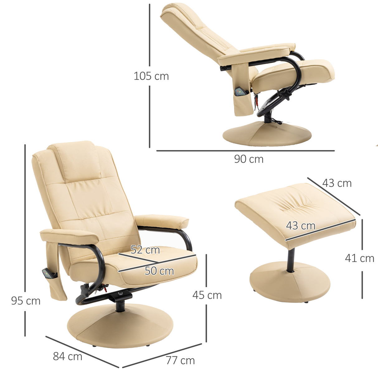 easycomfort easycomfort poltrona relax con pouf poggiapiedi reclinabile a 145 con 10 punti massaggio e telecomando in finta pelle crema