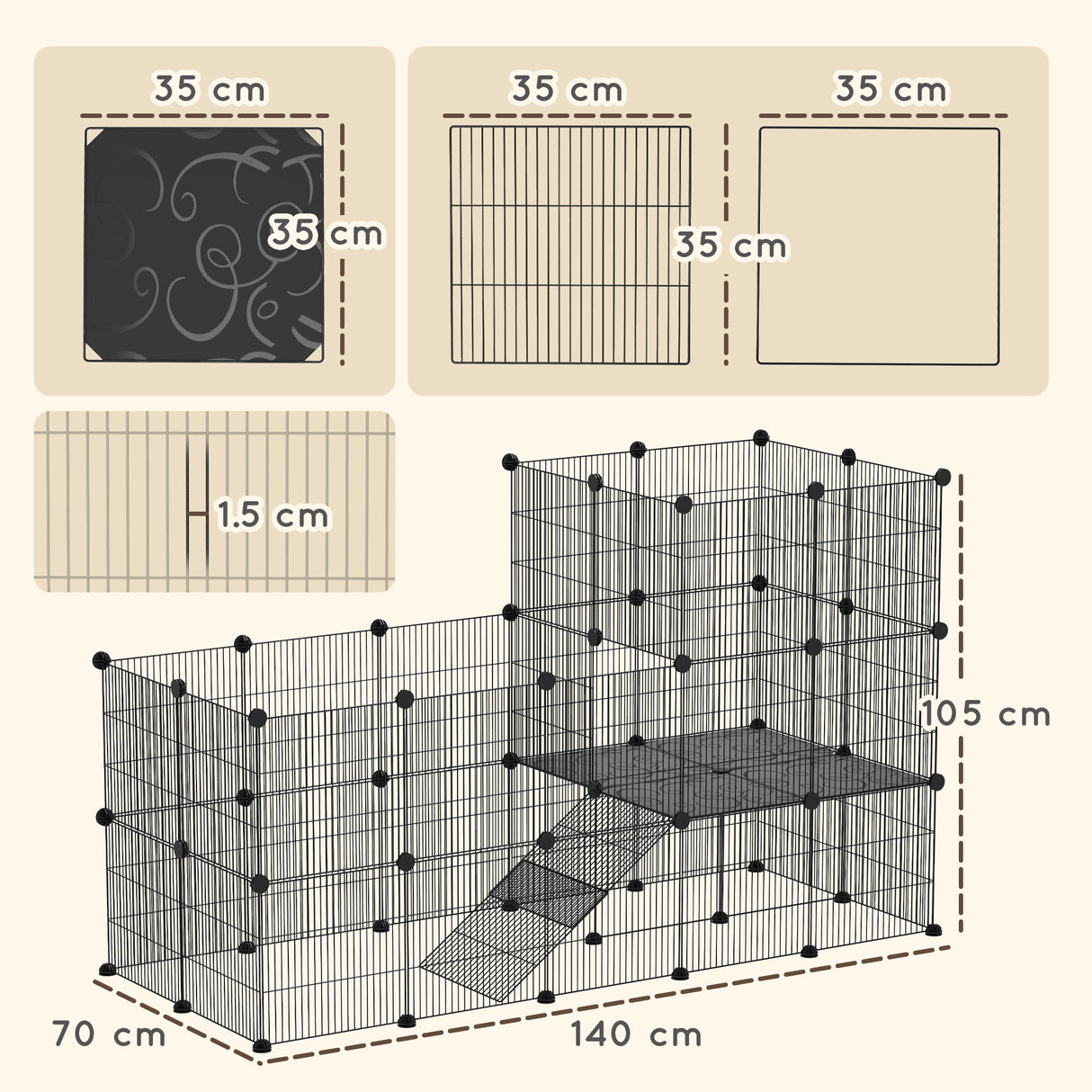 easycomfort easycomfort recinto per animali modulabile e multilivello con 39 pannelli in acciaio e pp 140x70x105 cm nero