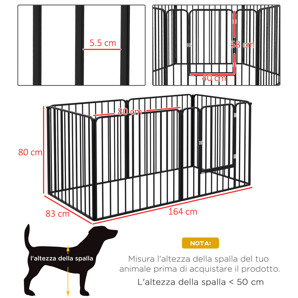 easycomfort easycomfort recinto per cani a 6 pannelli modulabili da interno ed esterno in acciaio 164x83x80 cm nero