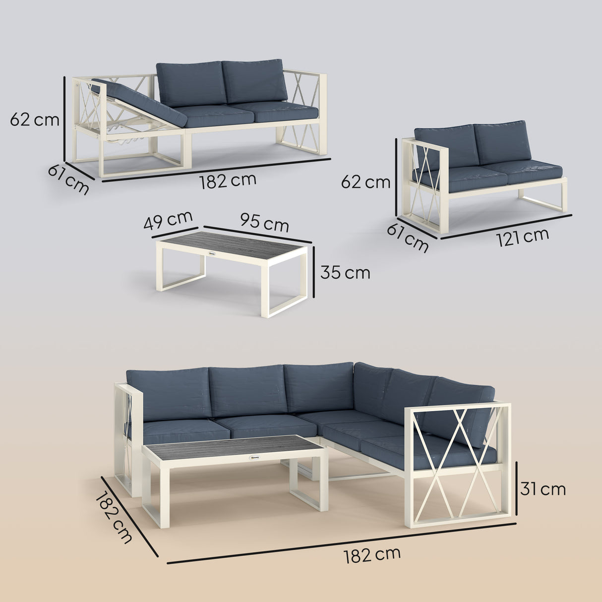 easycomfort easycomfort salotto da giardino angolare con poltrona reclinabile 2 divanetti con cuscini e tavolino grigio
