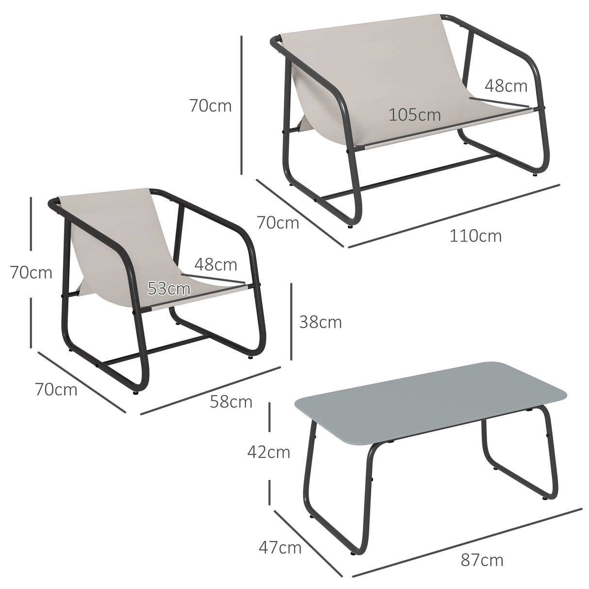 easycomfort easycomfort salotto da giardino con divanetto 2 poltrone e tavolino in acciaio e tessuto a rete crema