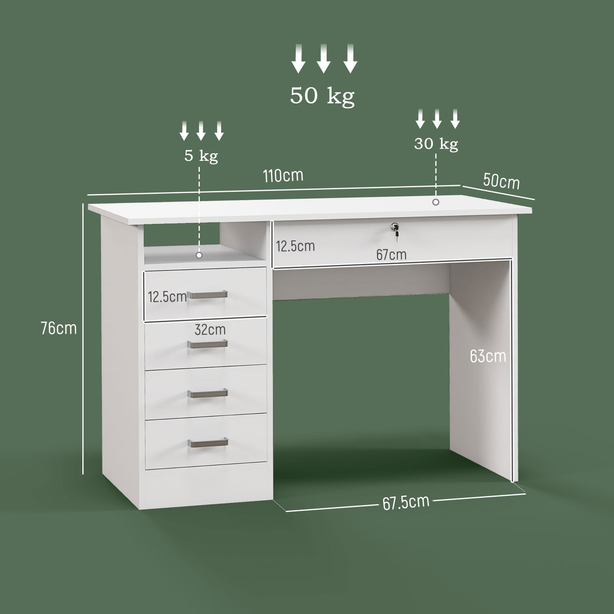 easycomfort easycomfort scrivania moderna con 5 cassetti e scomparto aperto con serratura e 2 chiavi 110x50x76cm bianco