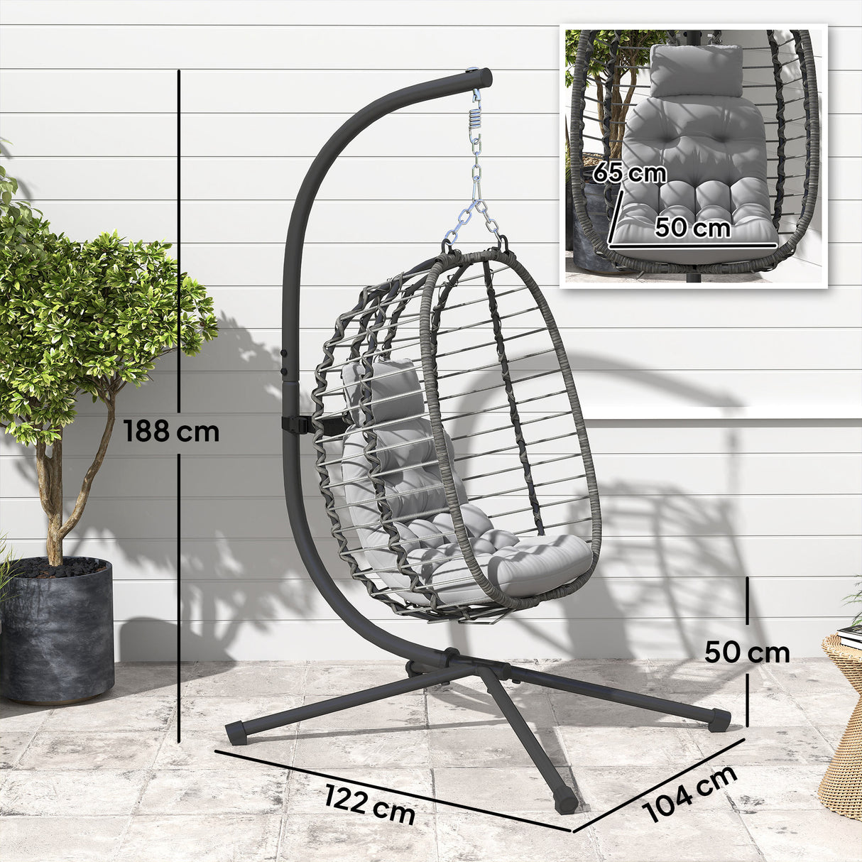 easycomfort easycomfort sedia sospesa in rattan a uovo con cuscino e poggiatesta altezza regolabile e seduta richiudibile grigio