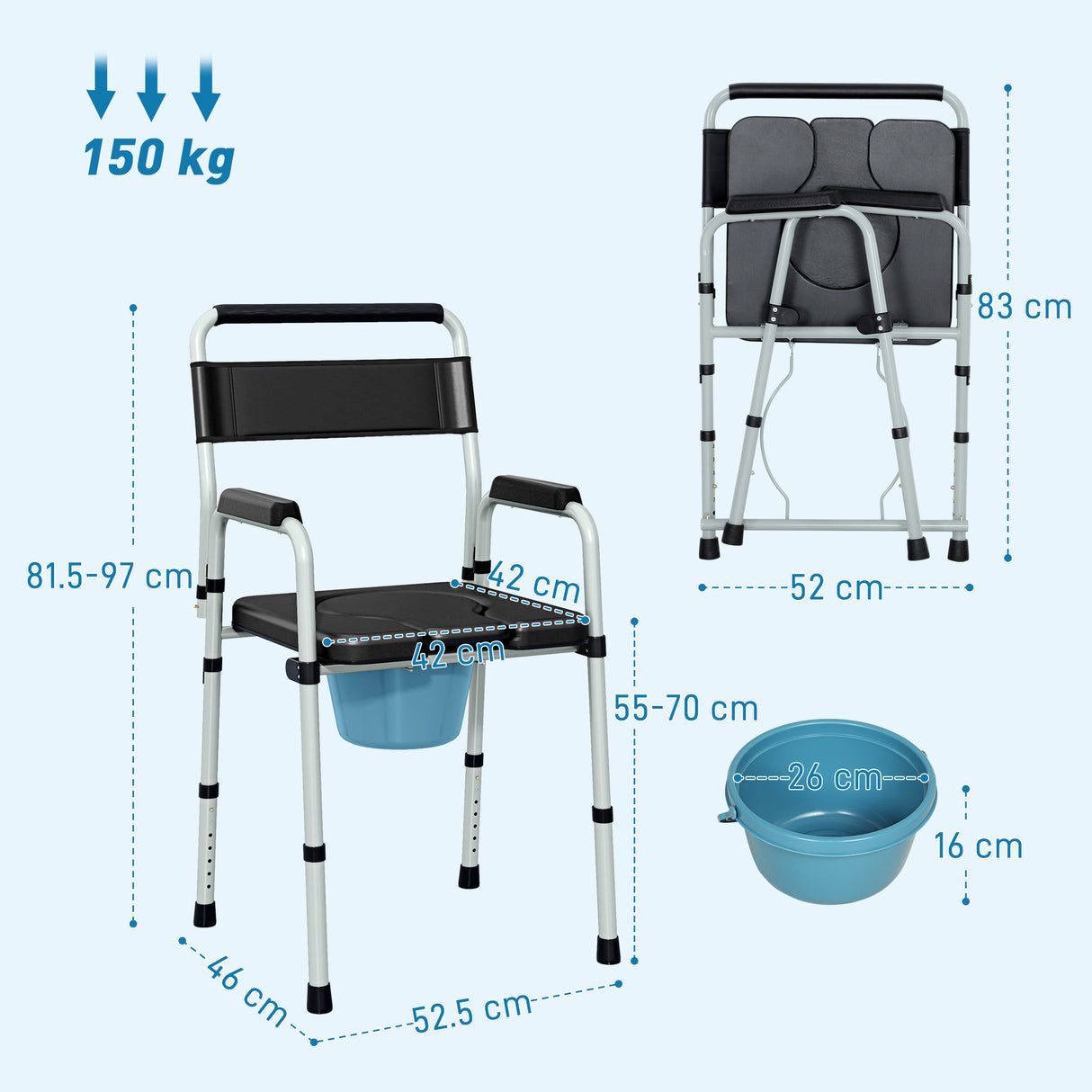 easycomfort easycomfort sedia wc pieghevole e regolabile con braccioli e schienale in acciaio e pelle pu 52 5x46x81 5 97 cm nero