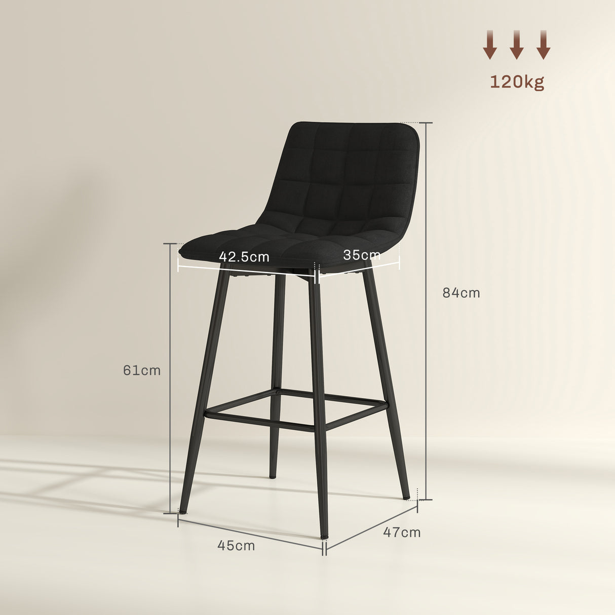 easycomfort easycomfort set 2 sgabelli da cucina stile nordico in tessuto effetto velluto e metallo 45x47x84 cm nero
