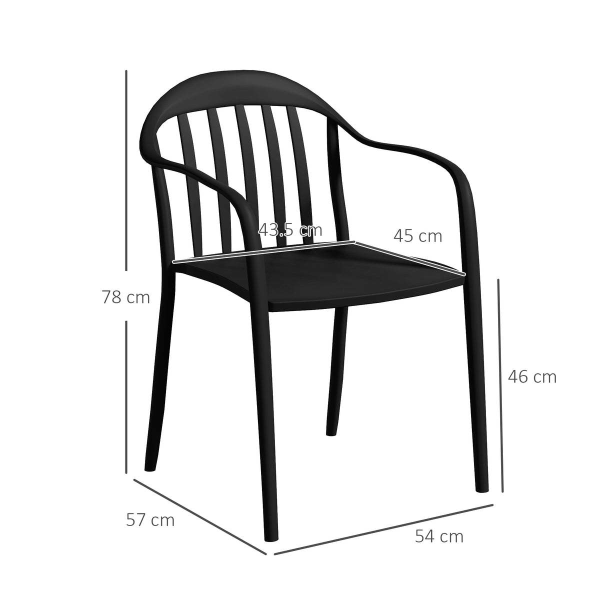 easycomfort easycomfort set 4 sedie da giardino impilabili in pp con schienale alto e braccioli 57x54x78 cm nero