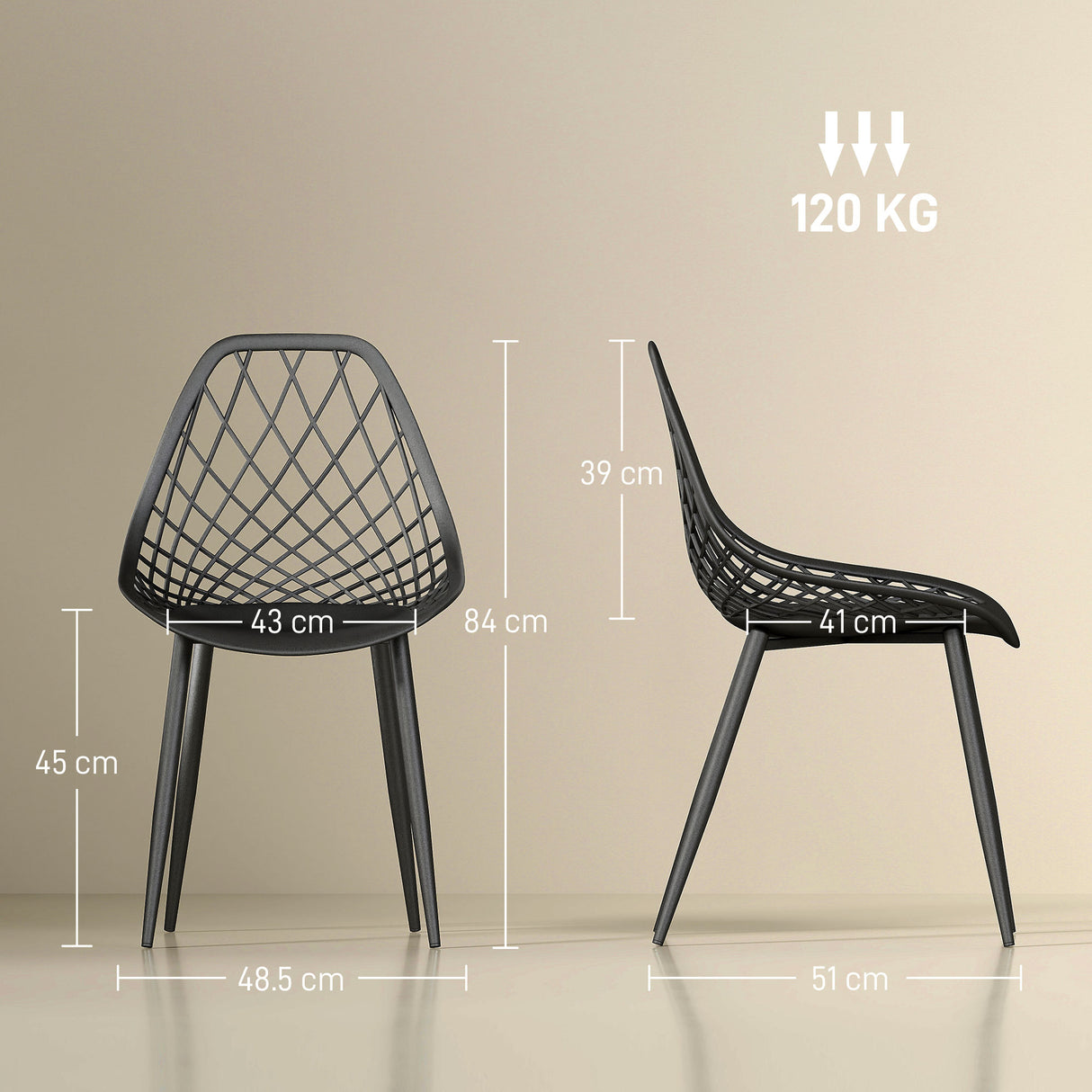 easycomfort easycomfort set 4 sedie da pranzo moderne con schienale traforato in plastica e gambe in metallo nero