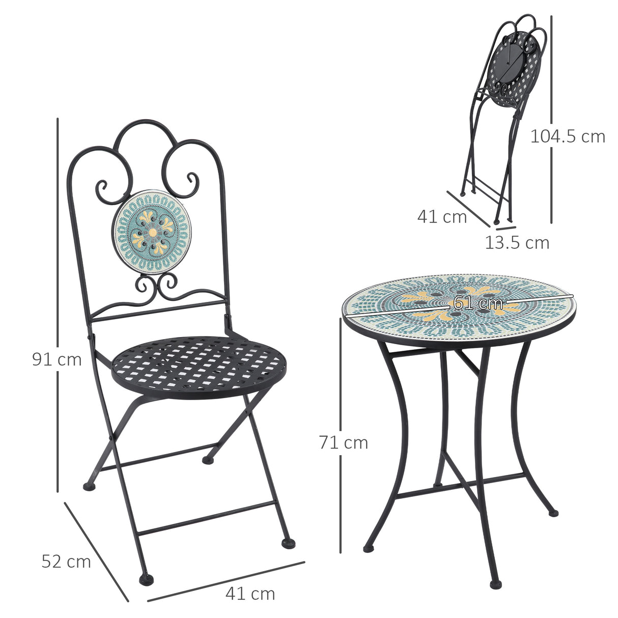 easycomfort easycomfort set da giardino 3 pezzi con mosaico tavolino e 2 sedie pieghevoli verde