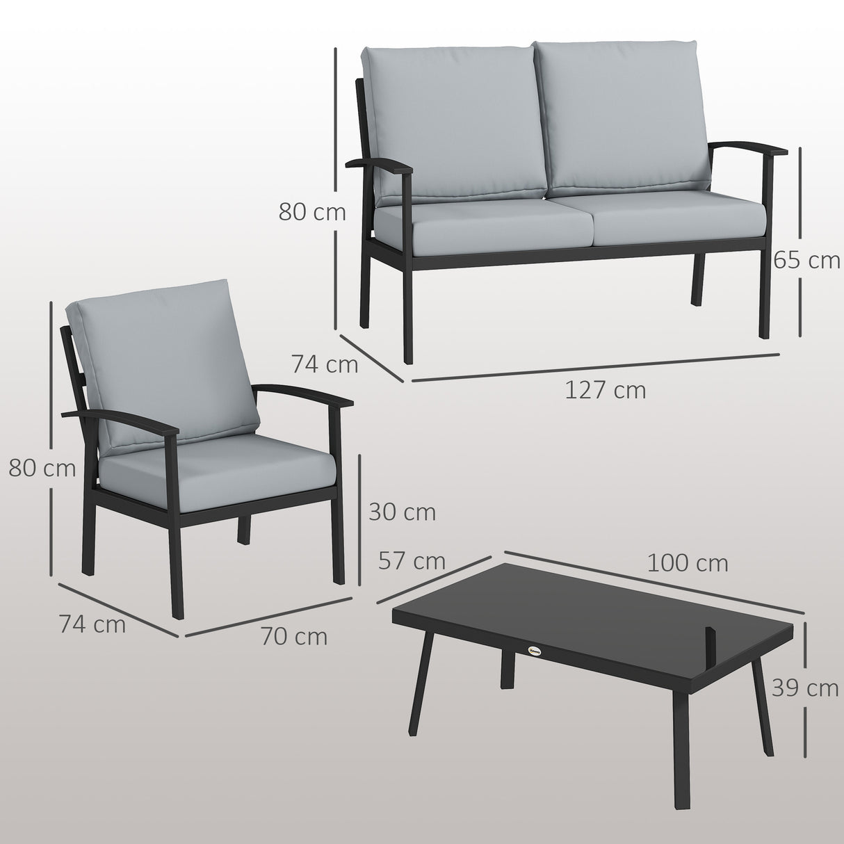 easycomfort easycomfort set da giardino 4 pezzi con 2 poltroncine divano 2 posti e tavolino in alluminio e fibra grigio carbone