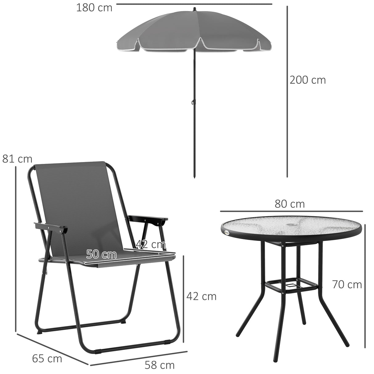 easycomfort easycomfort set da giardino 6 pezzi in acciaio con 4 sedie pieghevoli ombrellone e tavolo rotondo grigio e nero