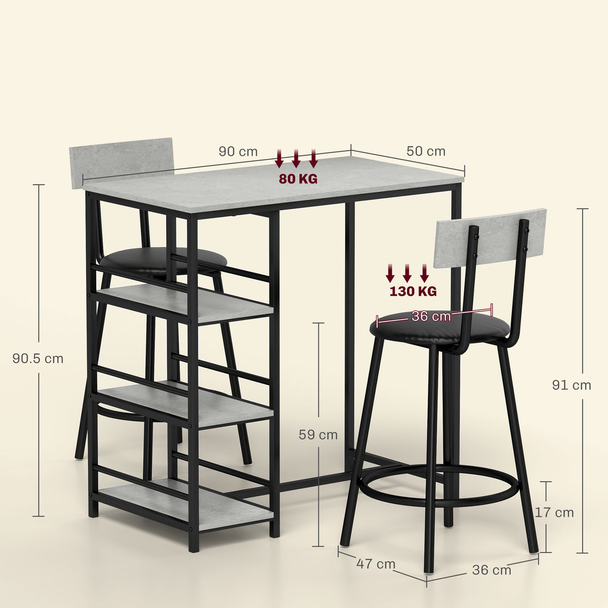 easycomfort easycomfort set da pranzo 3 pezzi con bancone bar con ripiani e 2 sedie alte con schienale grigio chiaro