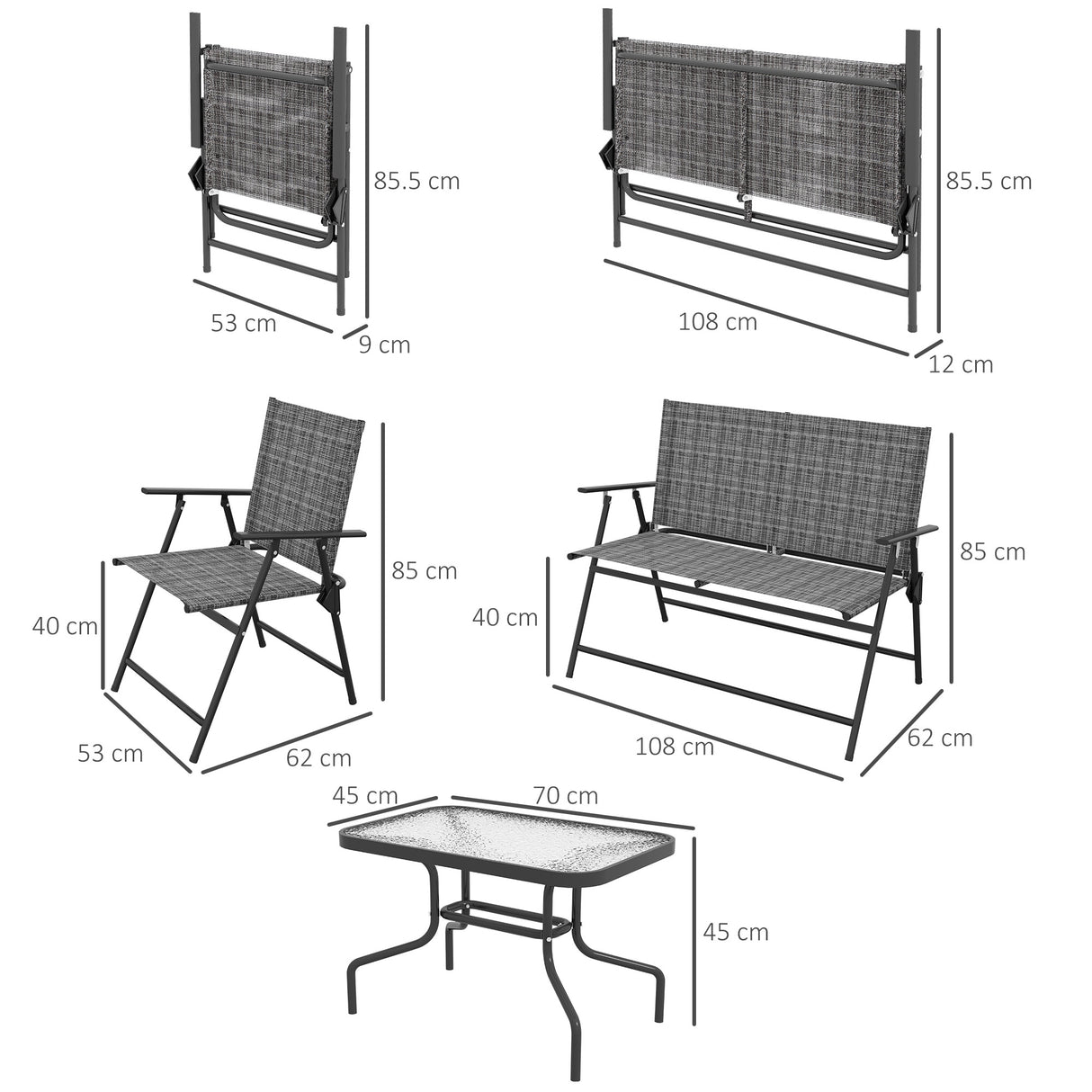 easycomfort easycomfort set salotto da giardino con tavolino in vetro 2 poltrone e divanetto pieghevoli grigio